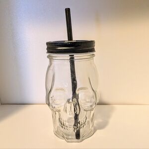 Skull Glass Mason Jar with Black Straw